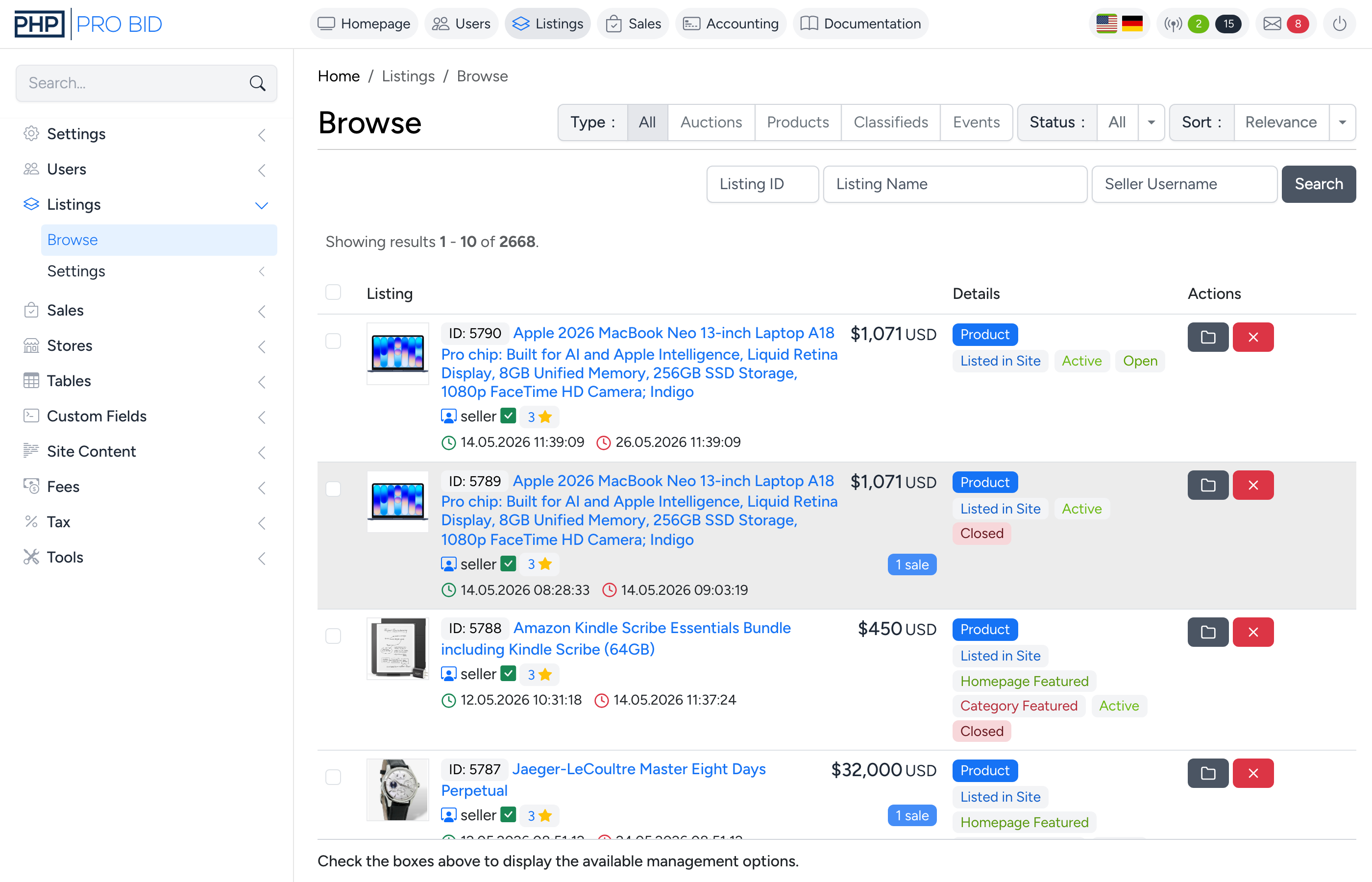 PHP Pro Bid admin listings browse page showing lot list with filters and bulk actions