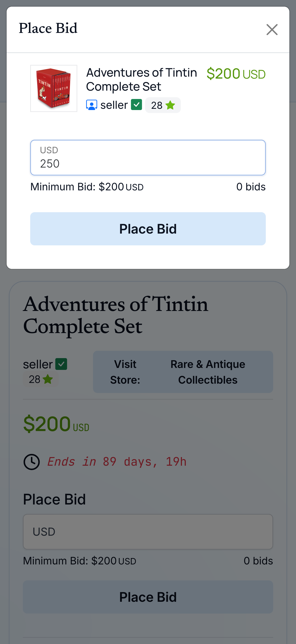 PHP Pro Bid mobile bidding on a phone — auction listing with current price, countdown timer, and Place Bid form