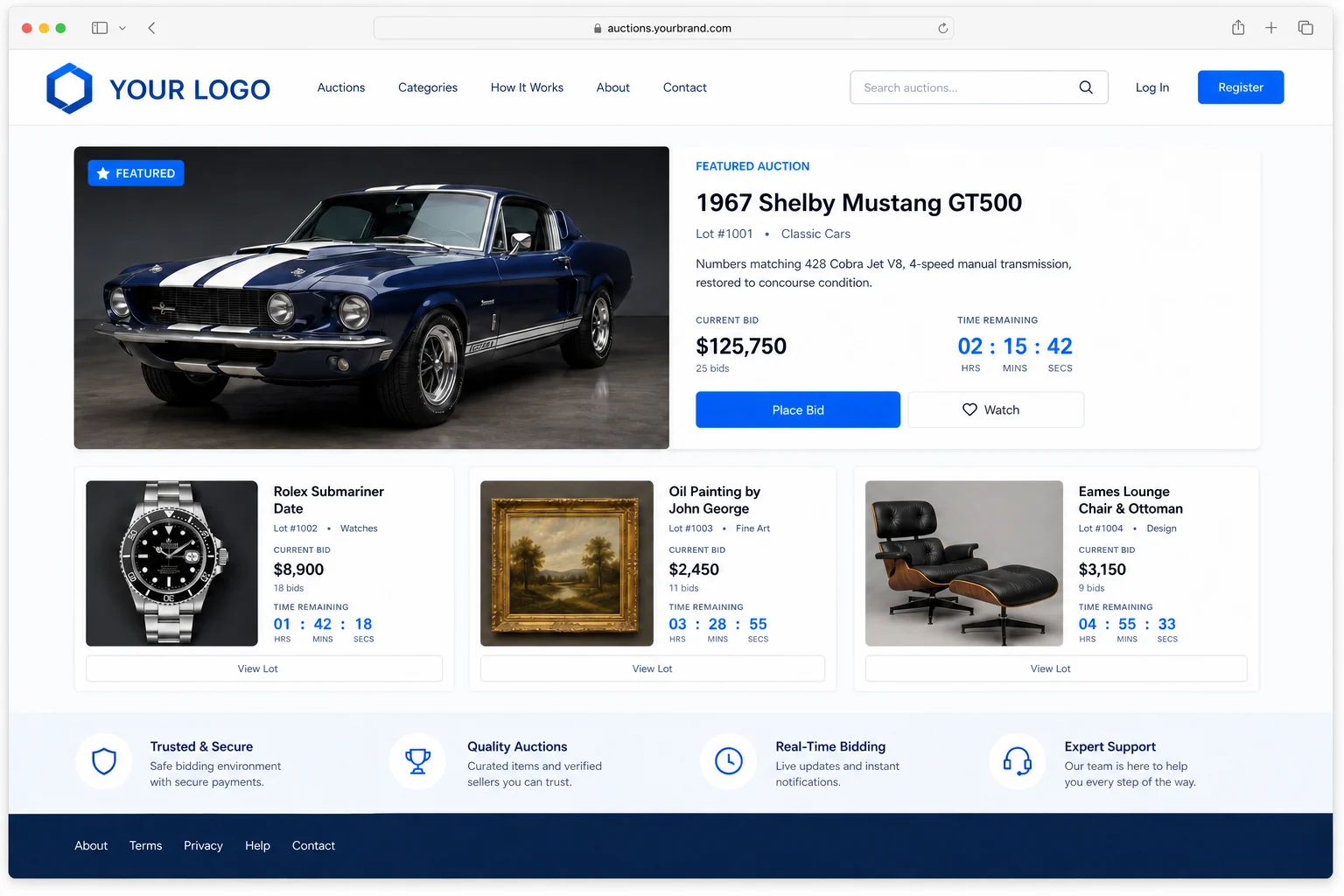 Illustrative auction website using a Your Logo placeholder and no PHP Pro Bid footer attribution